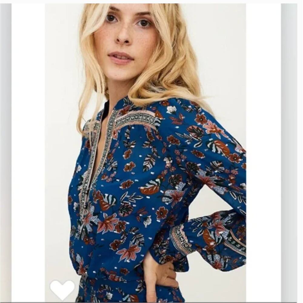 Veronica Beard Sama Silk Maxi Dress 4 Paisley Floral Blue Boho Romantic Western - Picture 2 of 11